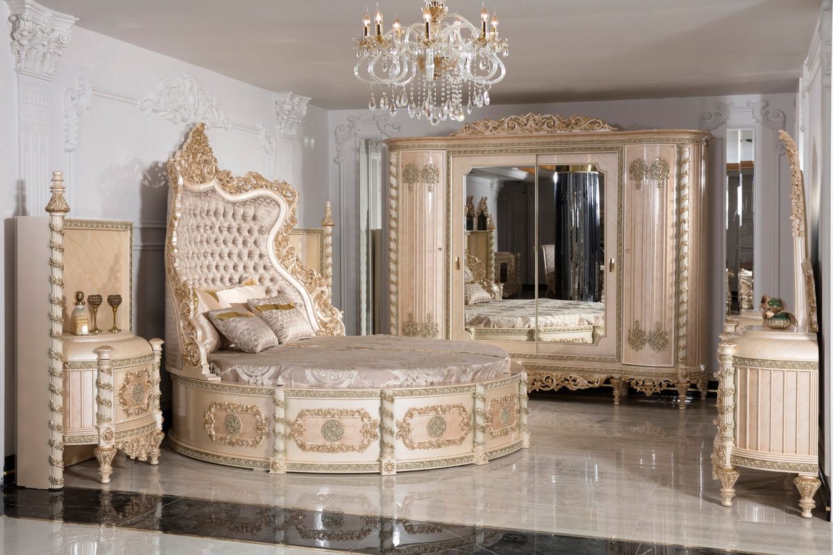 Teak Palace Cream and Gold 4-Piece King Size Bed, King Size Bed