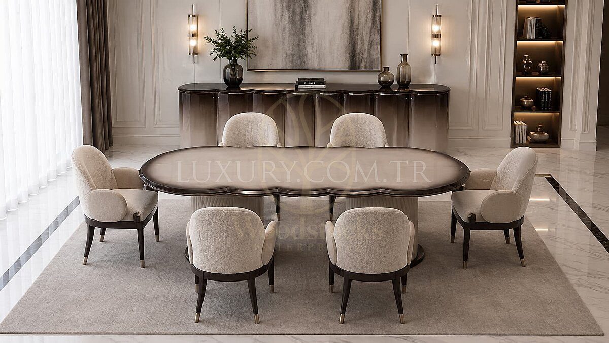 Luxury Safran Beige Handcrafted Teak Dining Table Set, Saharanpur, Dining Table