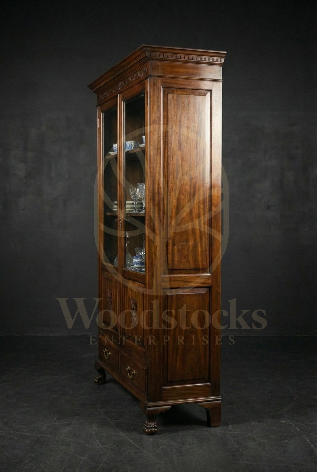 Hand Carved Teak Stratford Rosette-panel Glass Hutch, Saharanpur, view 7