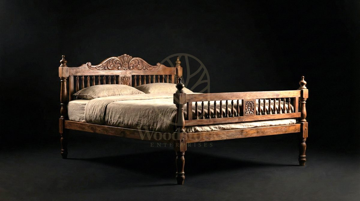 Hand Carved Teak Cantonment House Turned-Spindle Bedstead, Saharanpur, view 5