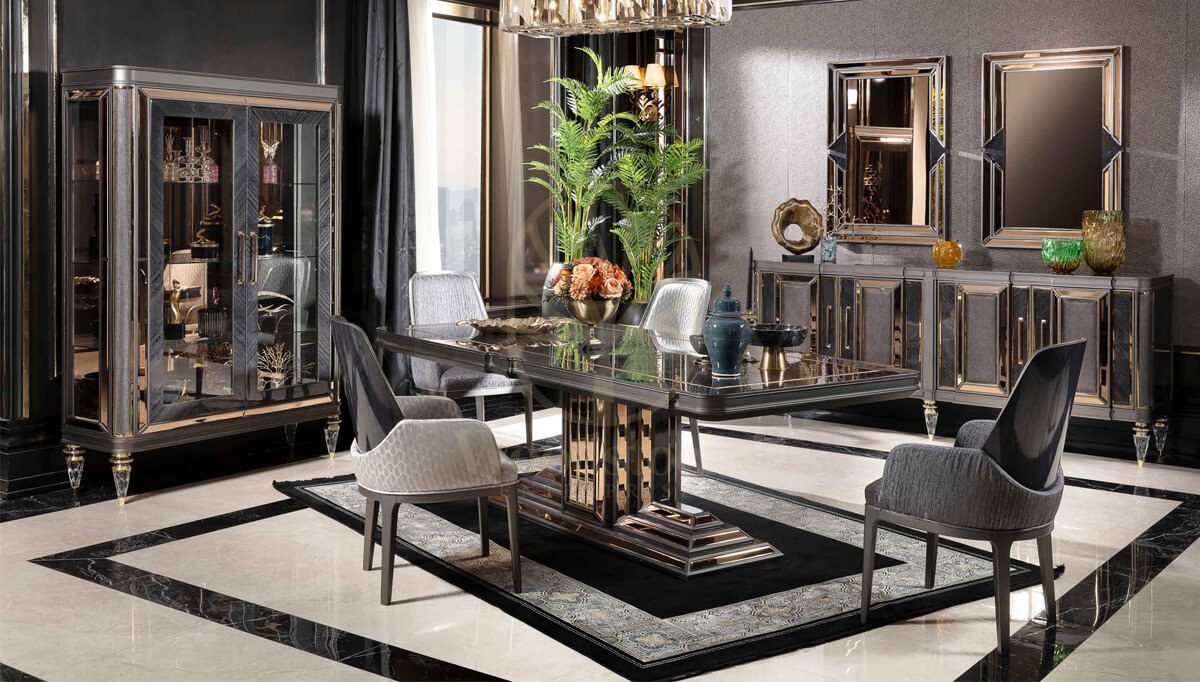 Luxury Viterbo Grey Handcrafted Teak Dining Table Set, Saharanpur, Dining Table