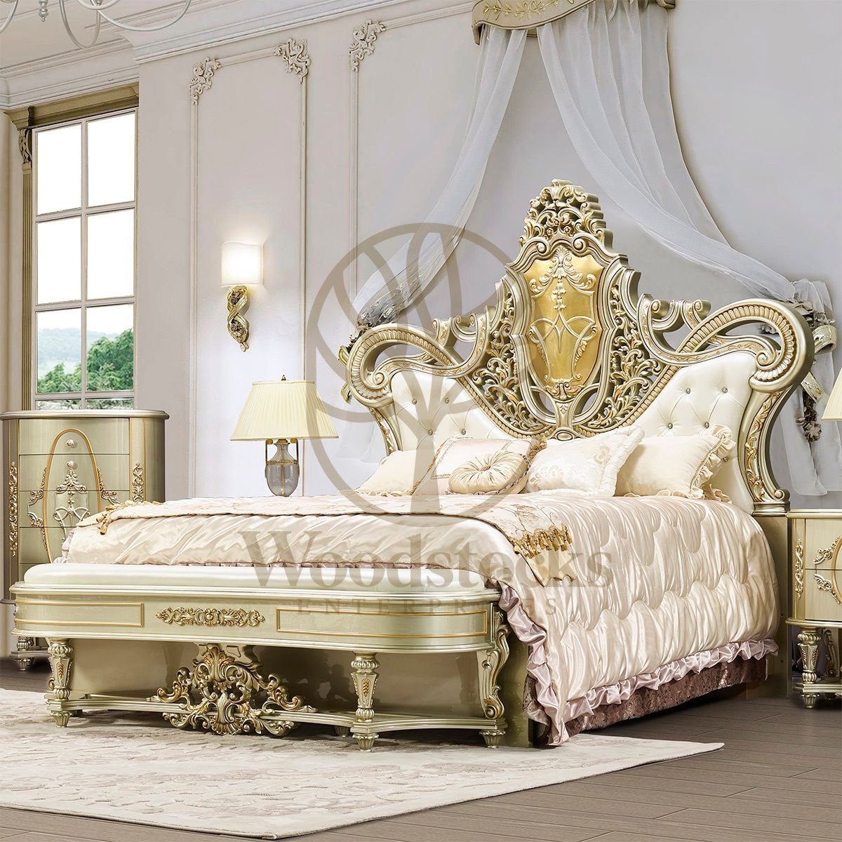 Teak Carved Belle Silver 7-Piece King Size Bed, King Size Bed