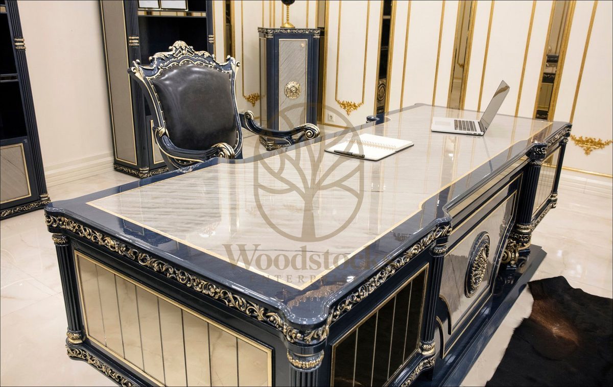 Teak Roma Navy and Gold Executive Office Desk, view 9