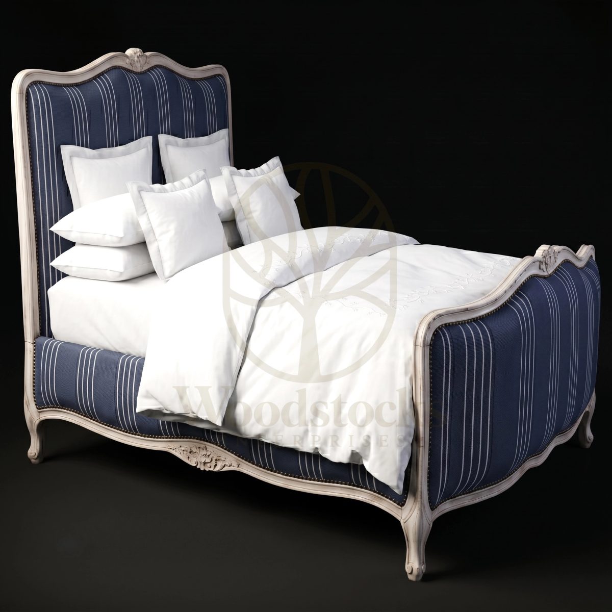Royal Hand Carved Teak Blanc Cassé & Marine Louis XV Lit de Milieu, Saharanpur, King Size Bed
