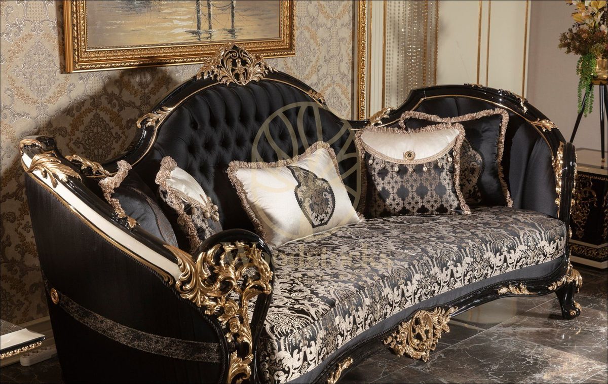 Teak Baroque Black and Gold Tufted Sofa Set, view 5