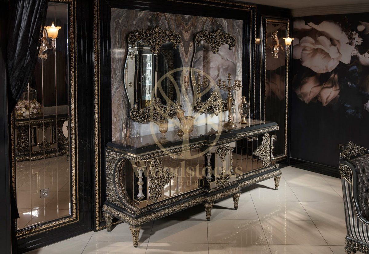 Teak Ornate Black Marble and Gold Console Table, view 5