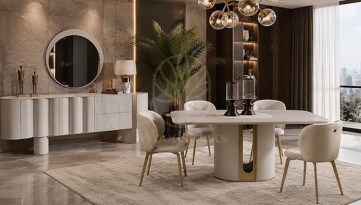Luxury Velante Beige Handcrafted Teak Dining Table Set, Saharanpur, Dining Table