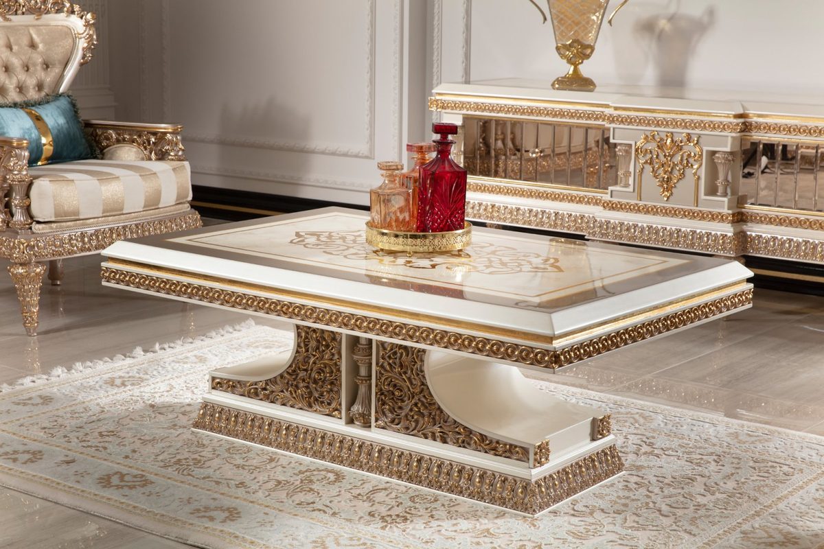 Teak Ornate Cream and Gold Center Table, Center Table