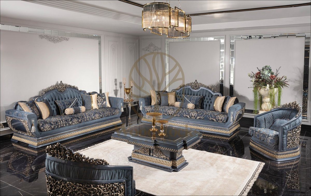 Teak Palace Blue and Silver Carved Sofa Set, Sofa Set