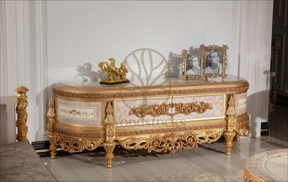 Teak Palace Cream and Gold Curved TV Cabinet, TV Cabinet