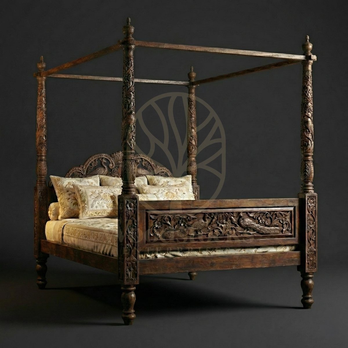 Royal Hand Carved Teak Suratte Peacock Court Four Poster Bed, Saharanpur, view 7