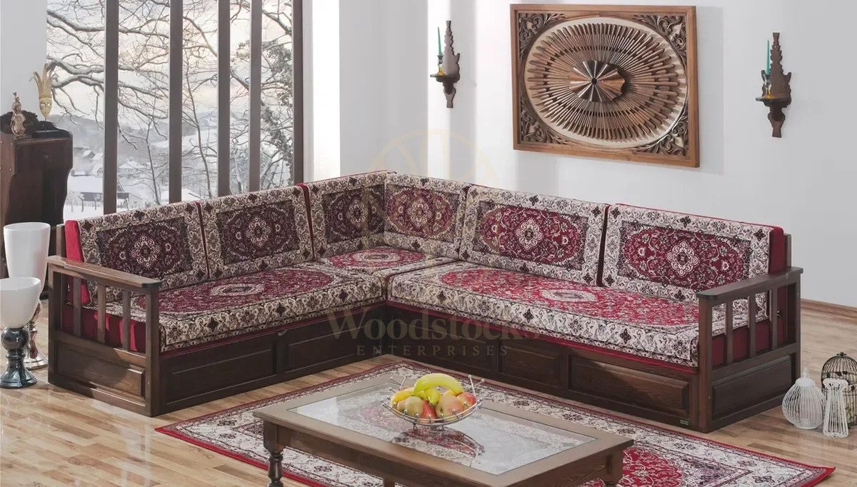 Royal Osmanli Hand Carved Teak L-Shape Sofa, Saharanpur, view 4