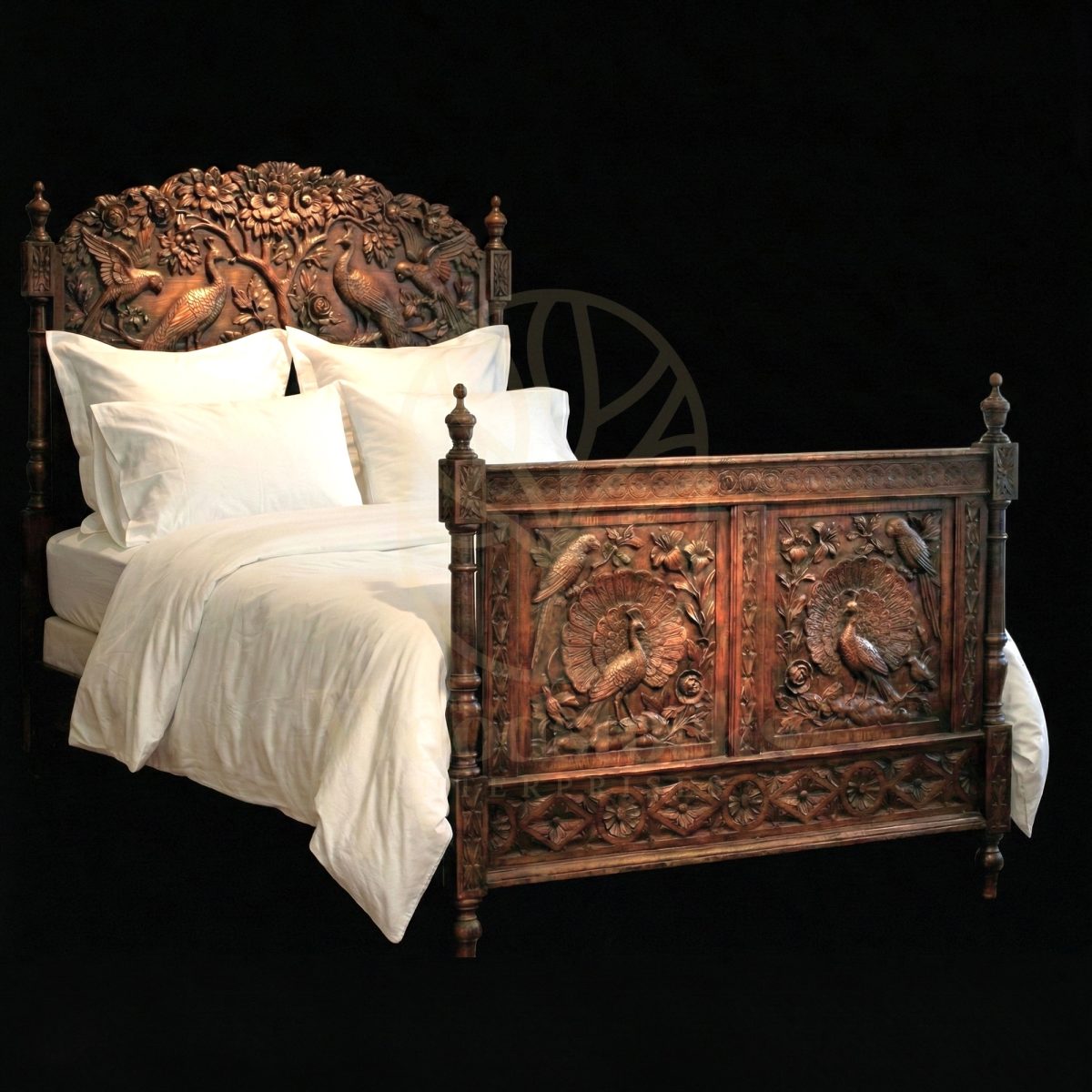 Royal Hand Carved Teak Maharaja’s Aviary Peacock Bed, Saharanpur, King Size Bed
