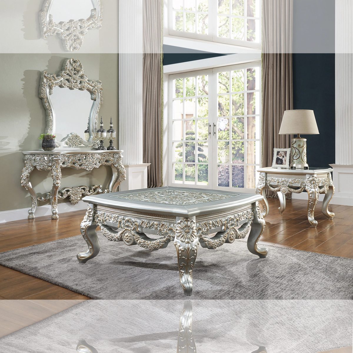 WSE High Quality Teak Wood Hand-Carved Belle Silver Nightstand, Bed Side table