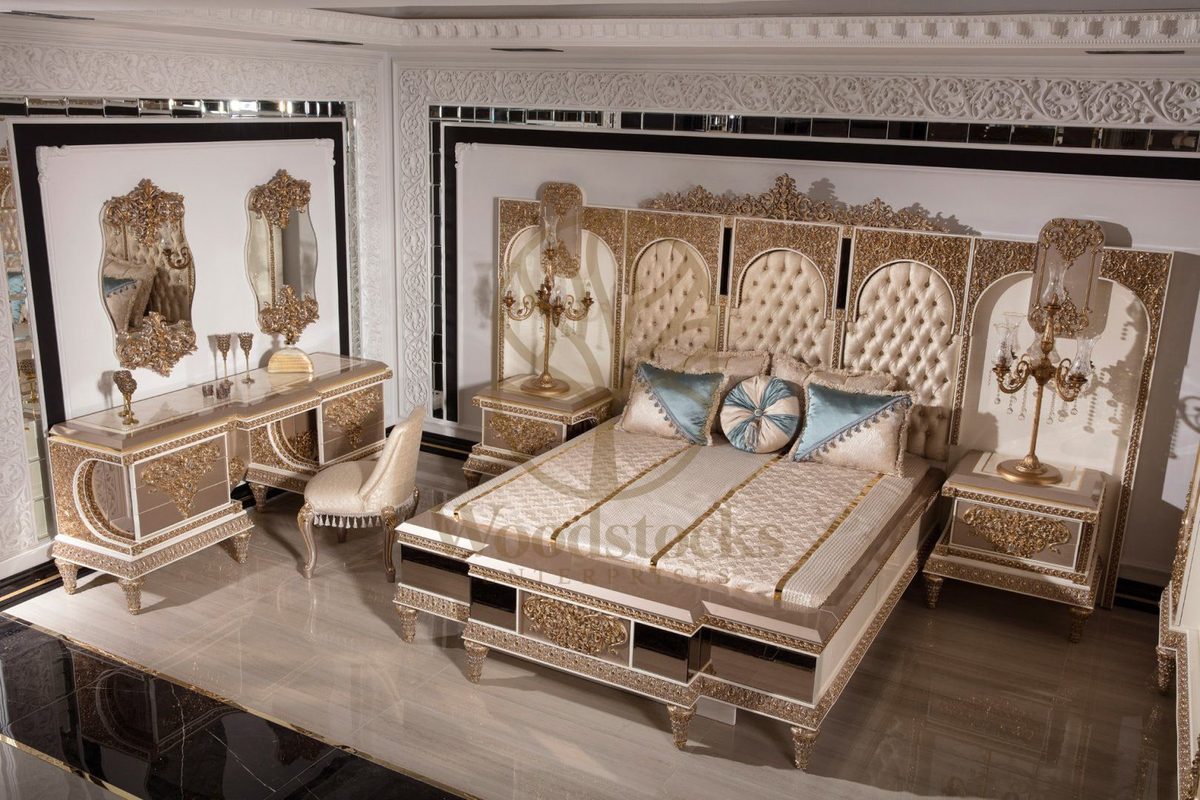 Teak Ornate Cream and Gold 4-Piece King Size Bed, view 18