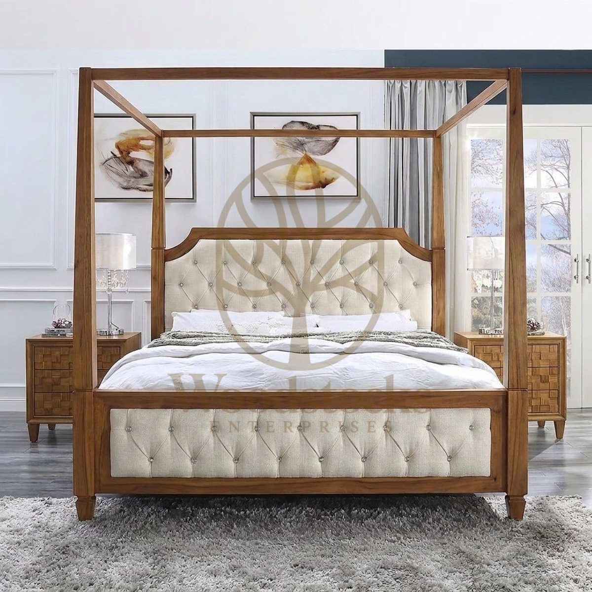 Teak Tufted 5-Piece Four-Poster Bed, Four Poster Bed