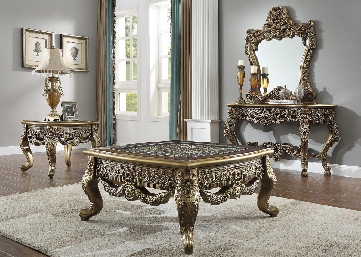 WSE High Quality Teak Wood Hand-Carved Antique Gold 3-Piece Coffee Table III, Center Table