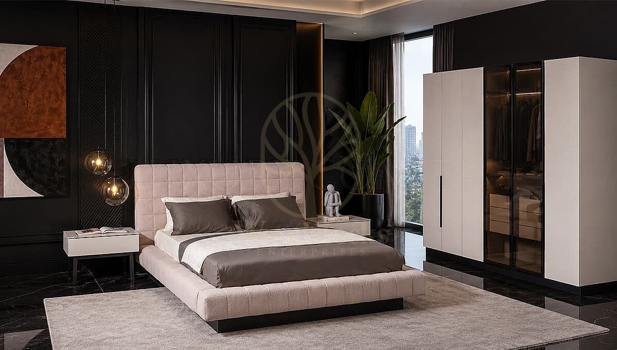 Luxury Marcello White Black Handcrafted Teak King Size Bed, Saharanpur, King Size Bed