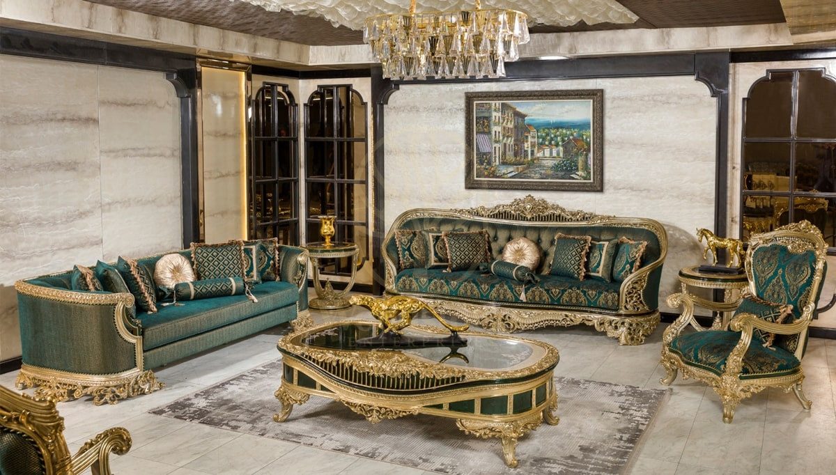 Royal Ofelya Green Hand Carved Teak Sofa Set, Saharanpur, Sofa Set