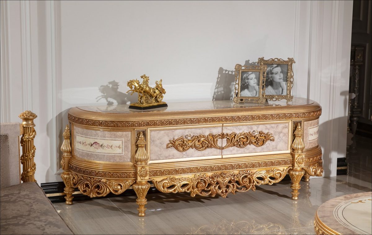 Teak Palace Cream and Gold Curved TV Cabinet, TV Cabinet