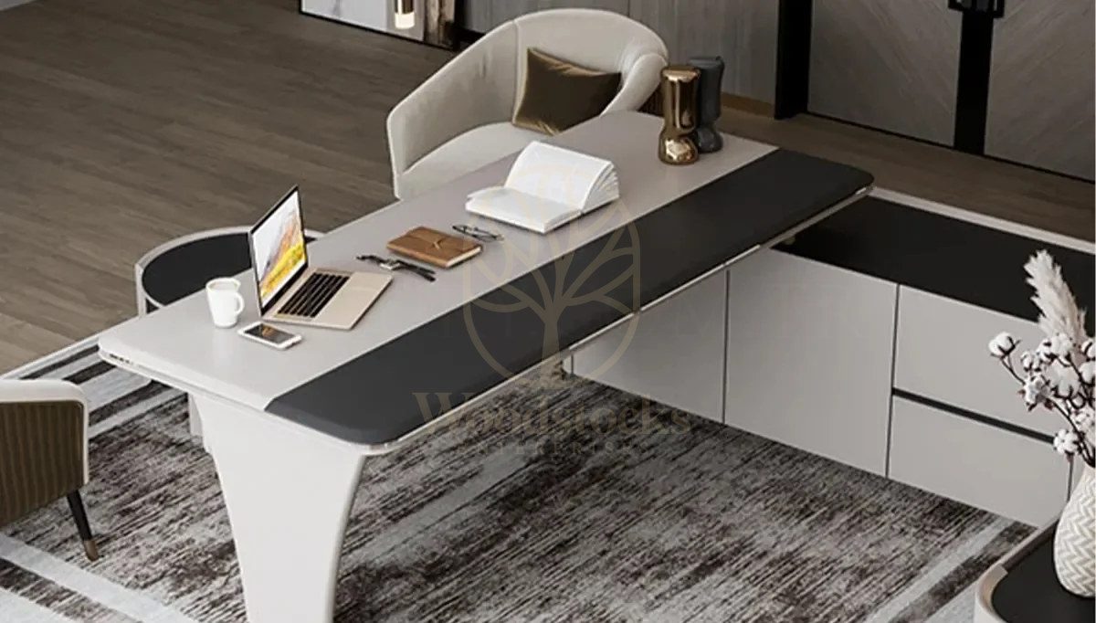 Luxury Madrid White Handcrafted Teak Office Table, Saharanpur, view 7