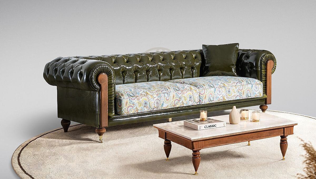 Royal Orelia Chesterfield Leather Hand Carved Teak Sofa Set, Saharanpur, view 2