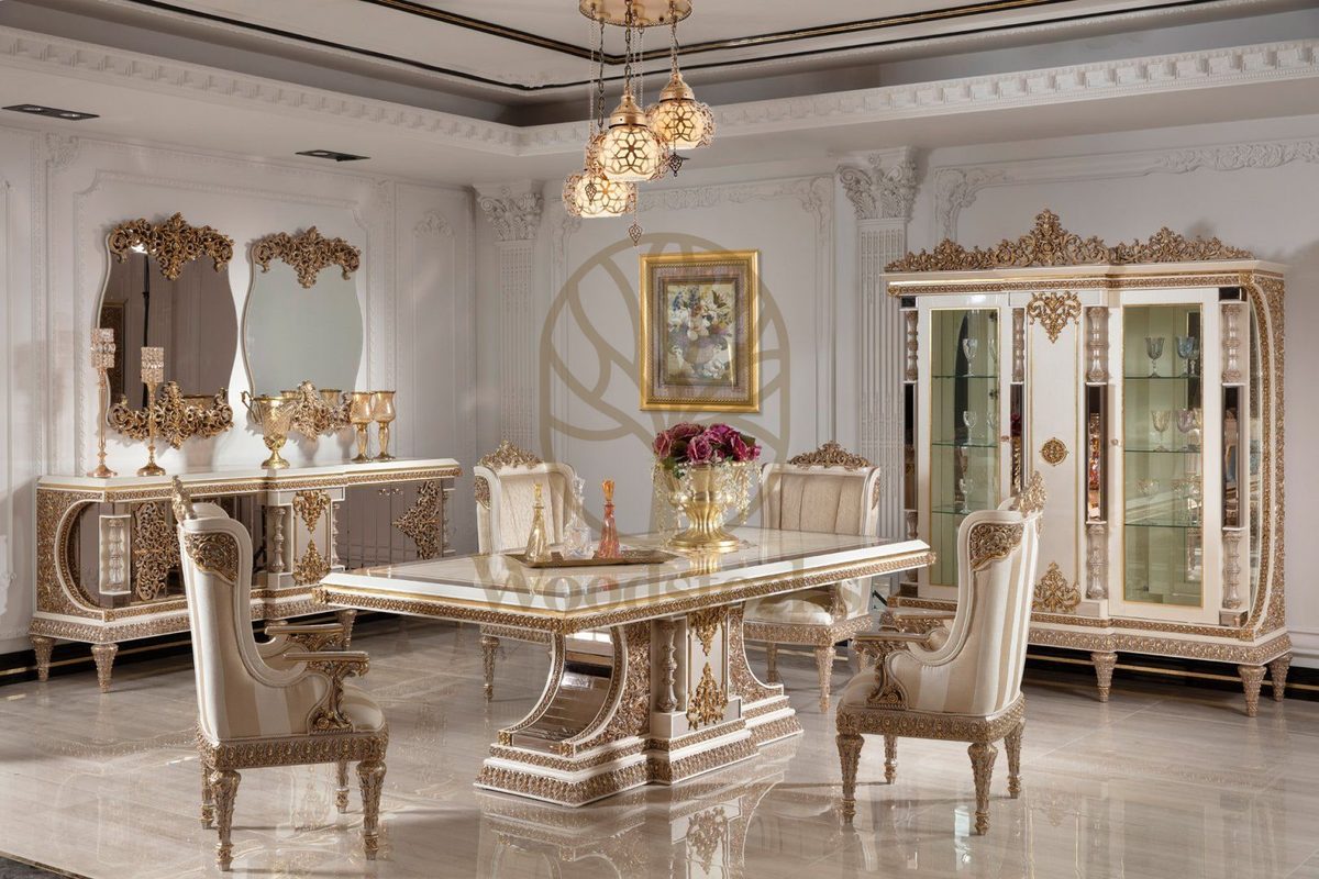 Teak Ornate Cream and Gold Dining Set, Dining Table