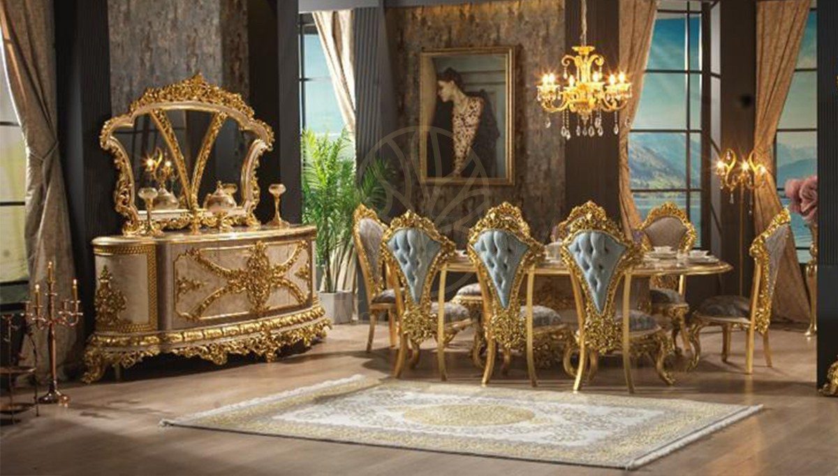 Royal Hunkar Gold Leaf Hand Carved Teak Dining Table Set, Saharanpur, view 2