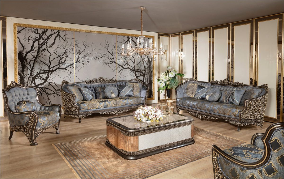 Teak Lagos Blue Grey Tufted Sofa Set, Sofa Set