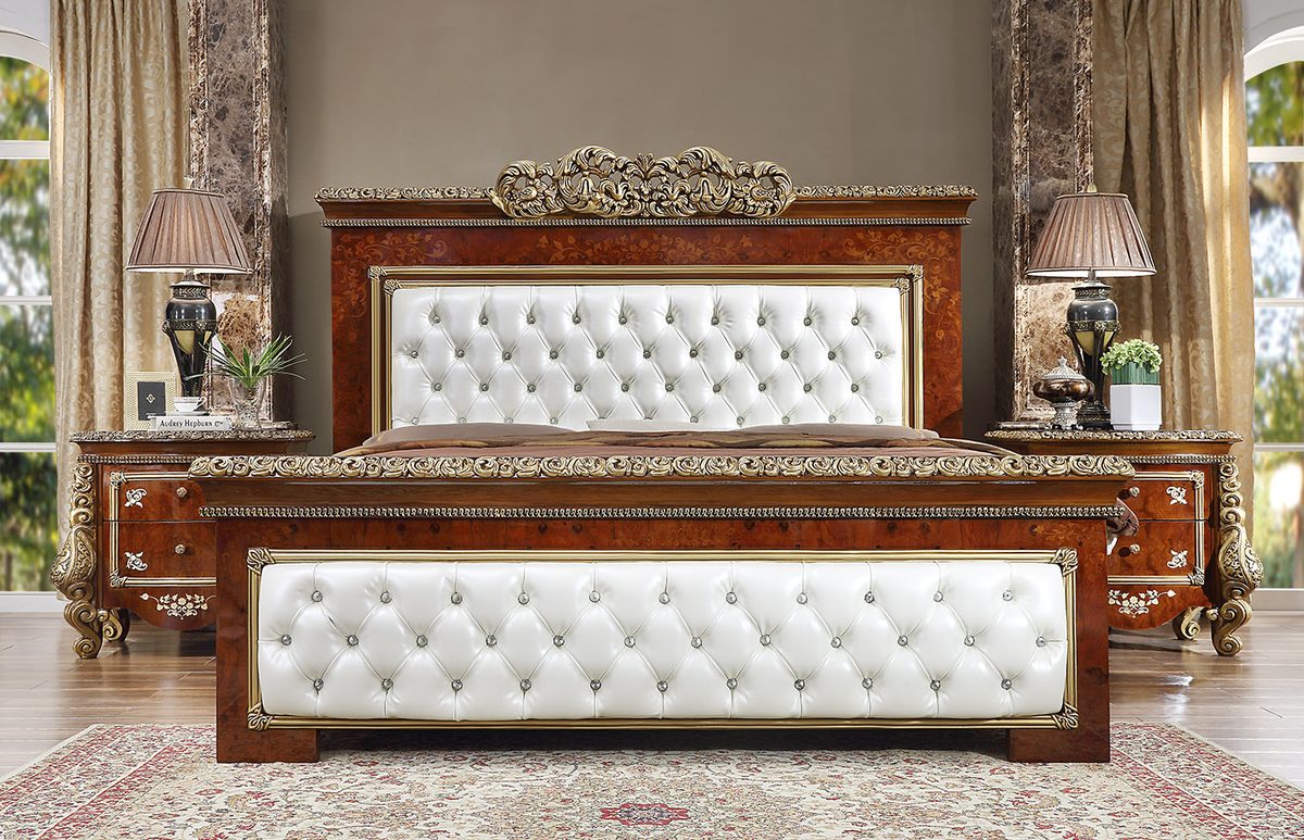 WSE High Quality Teak Wood Antique Gold 5-Piece King Size Bed II, King Size Bed