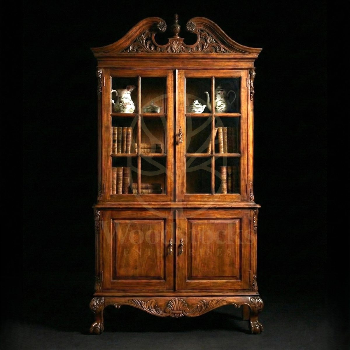 Royal Hand Carved Teak Rocaille Crest Cabinet of the Île Saint-Louis, Saharanpur, Crockery Cabinet