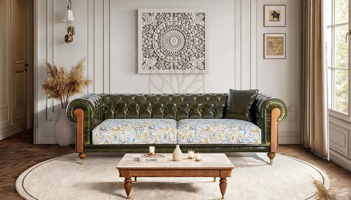 Royal Orelia Chesterfield Leather Hand Carved Teak Sofa Set, Saharanpur, Sofa Set