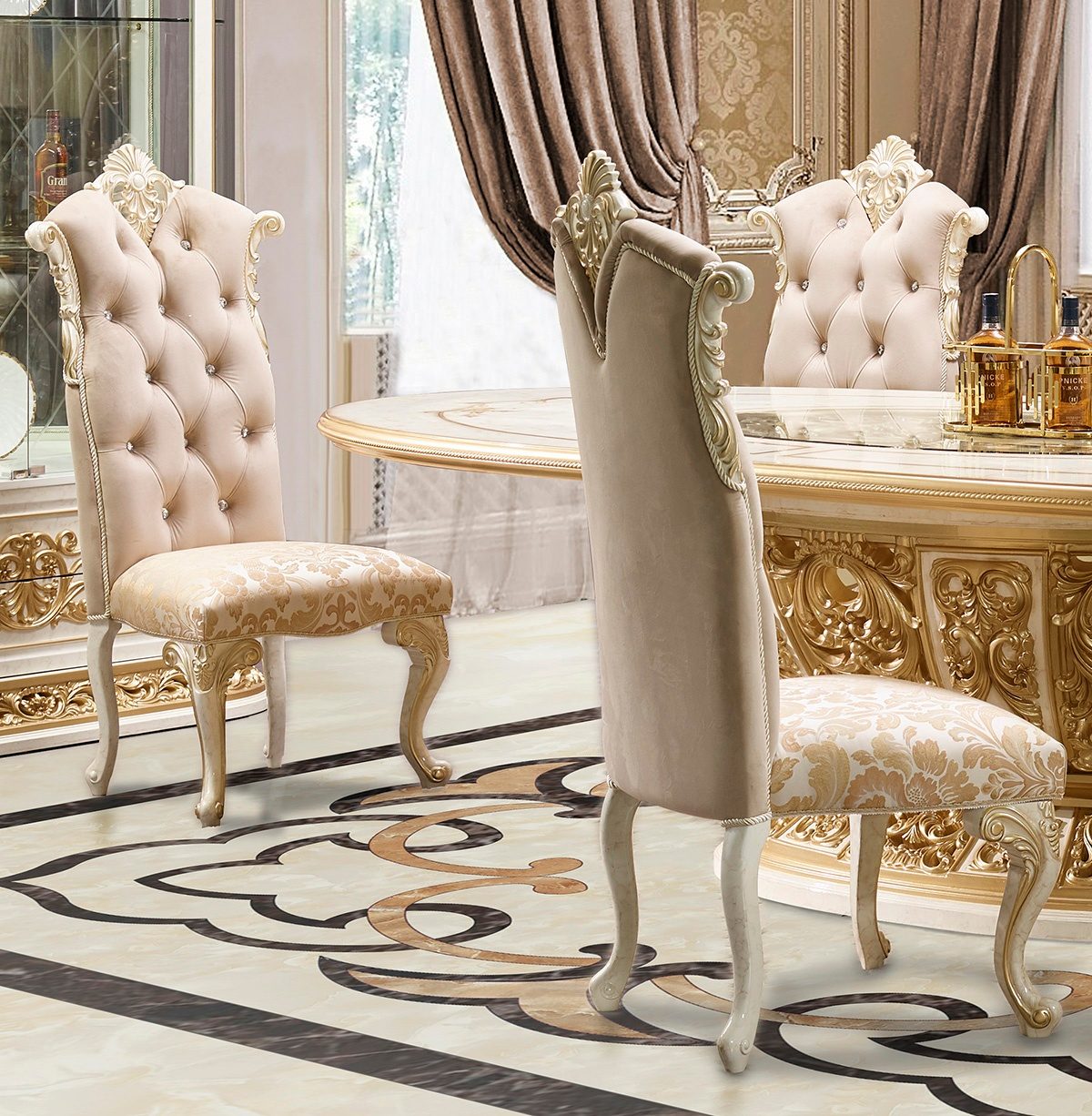 WSE High Quality Teak Wood Ornate Cream 7-Piece Bedroom Chair, Bedroom Chair
