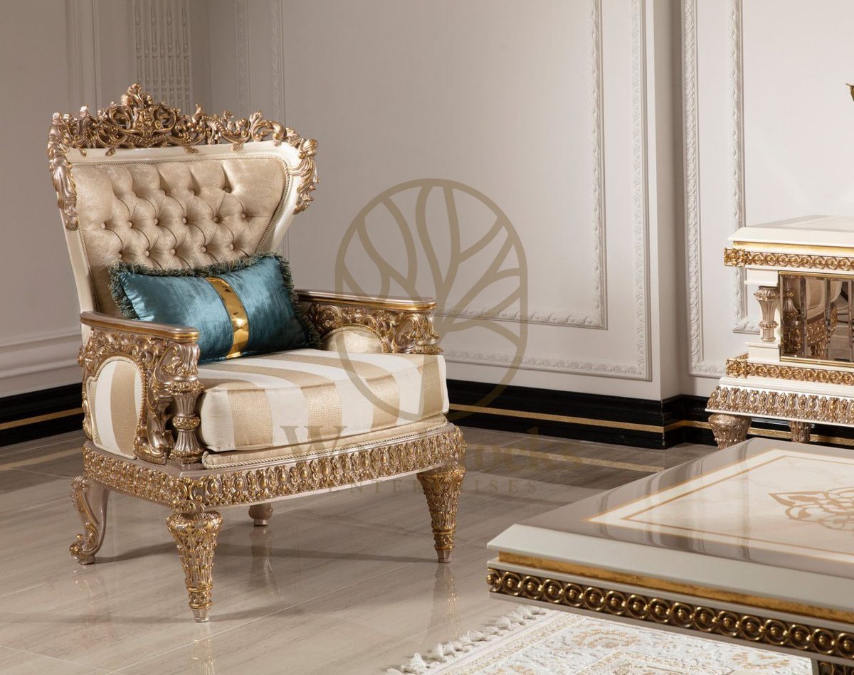 Teak Ornate Cream and Gold Throne Sofa Set, alternate view