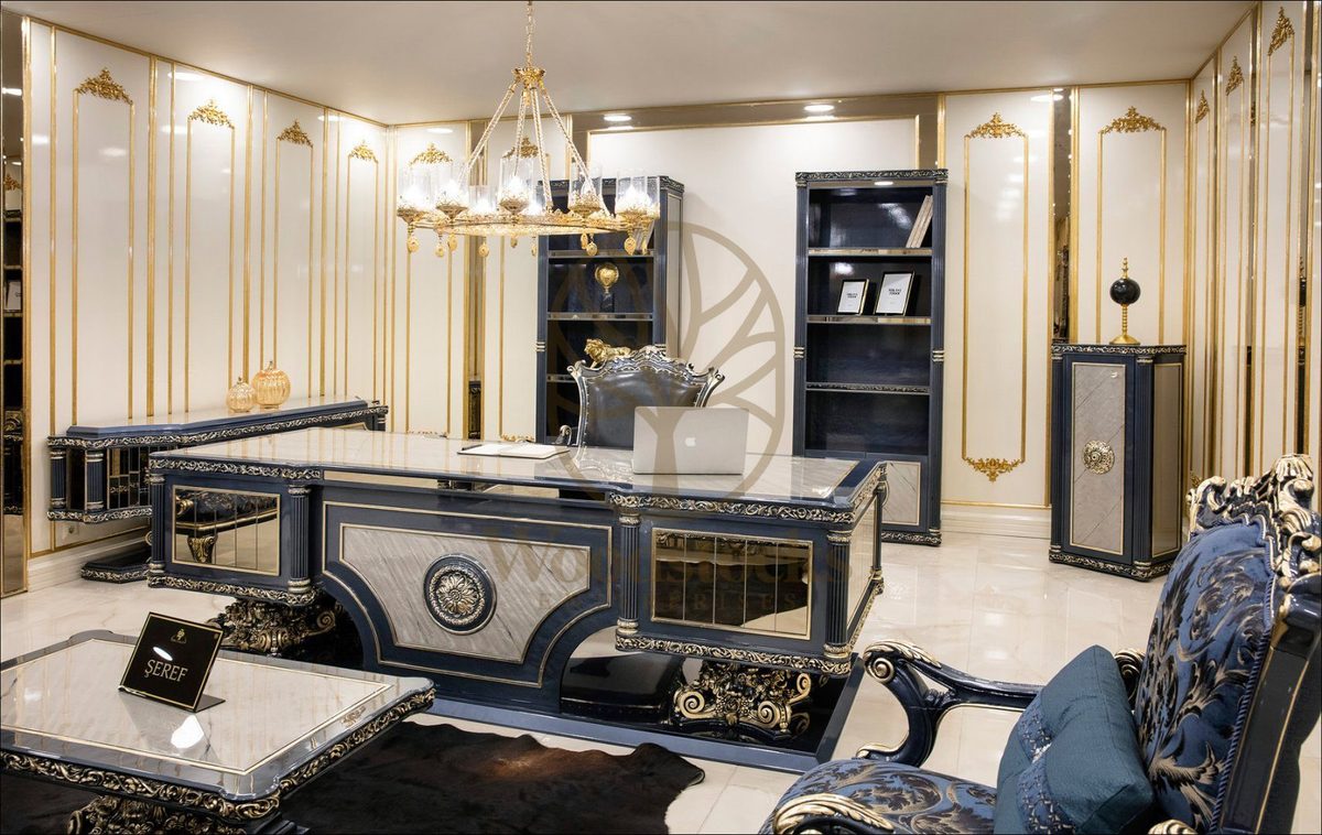 Teak Roma Navy and Gold Executive Office Desk, view 7