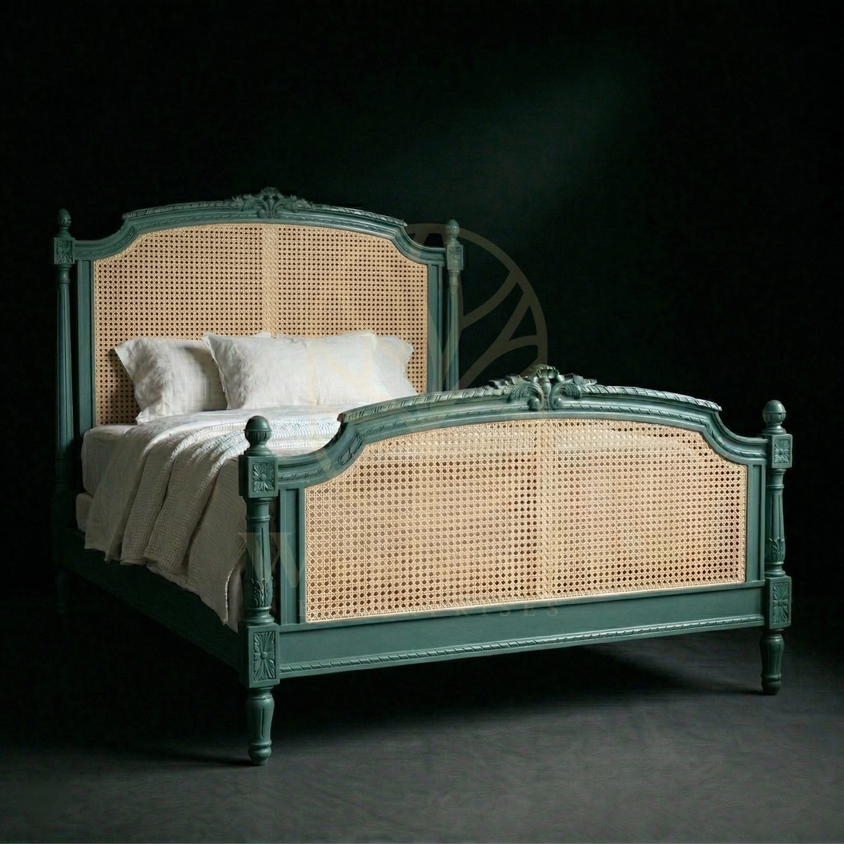 Royal Hand Carved Teak Dijon Louis XVI Caned Bedstead, Saharanpur, King Size Bed