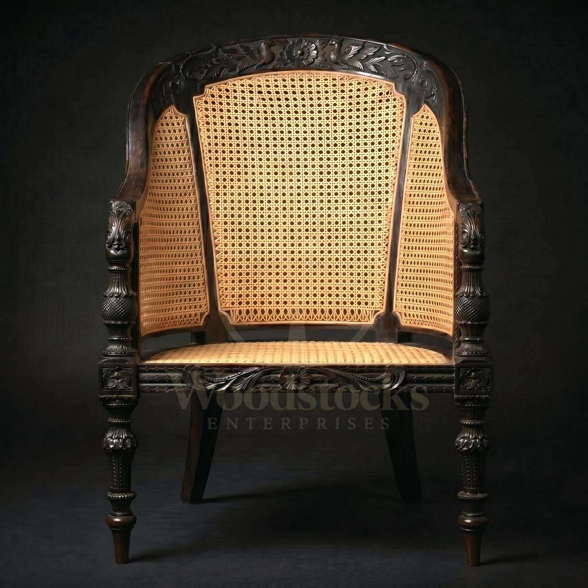 Hand Carved Teak Ceylonese Colonial Cane Bergère, Saharanpur, view 2