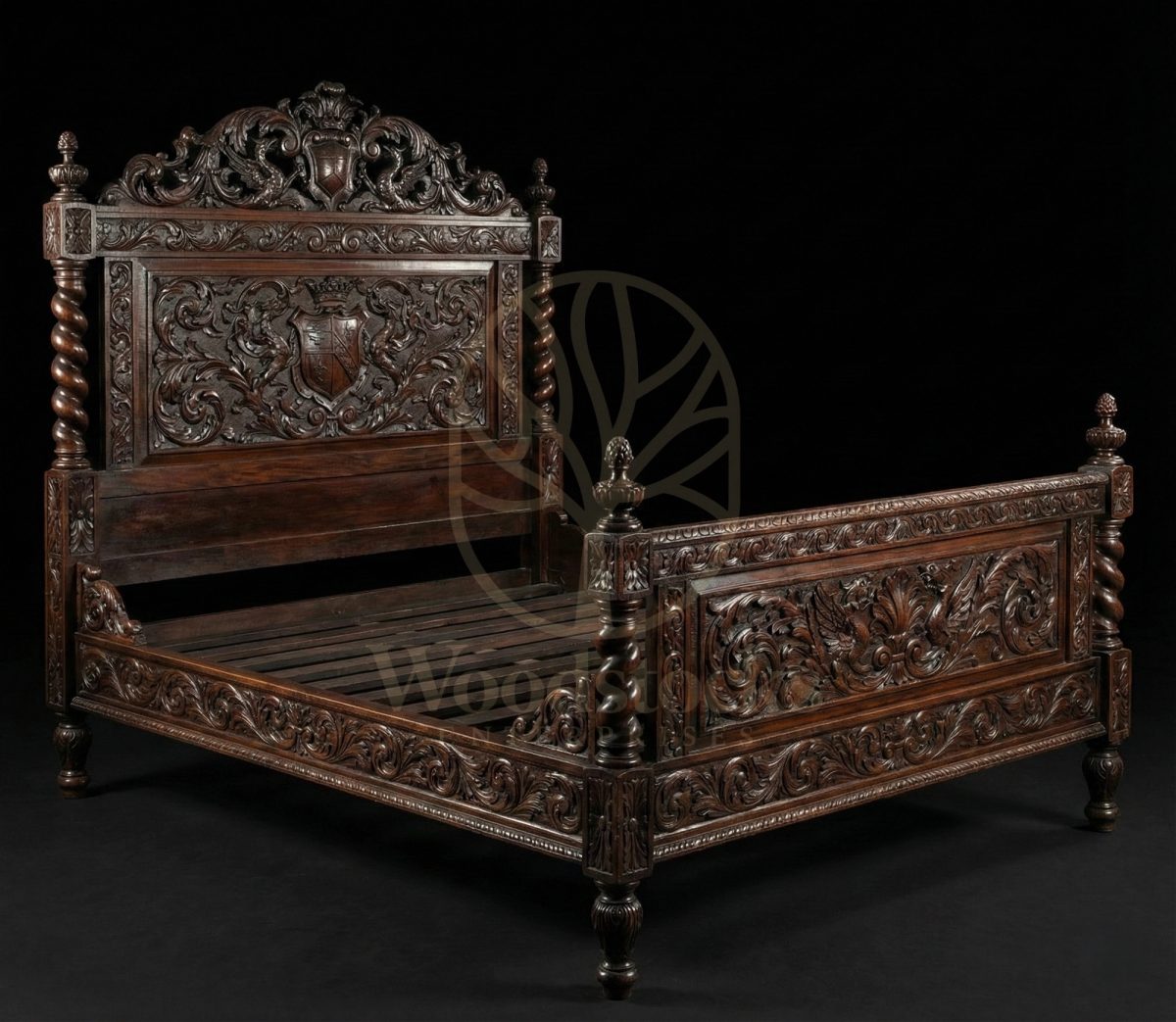 Royal Hand Carved Teak Imperial Crest Bed, Saharanpur, view 2