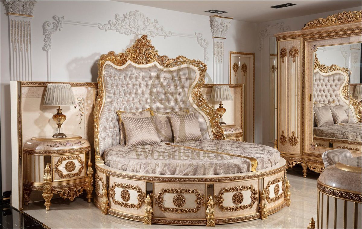 Teak Palace Ivory and Gold Carved King Size Bed, view 3