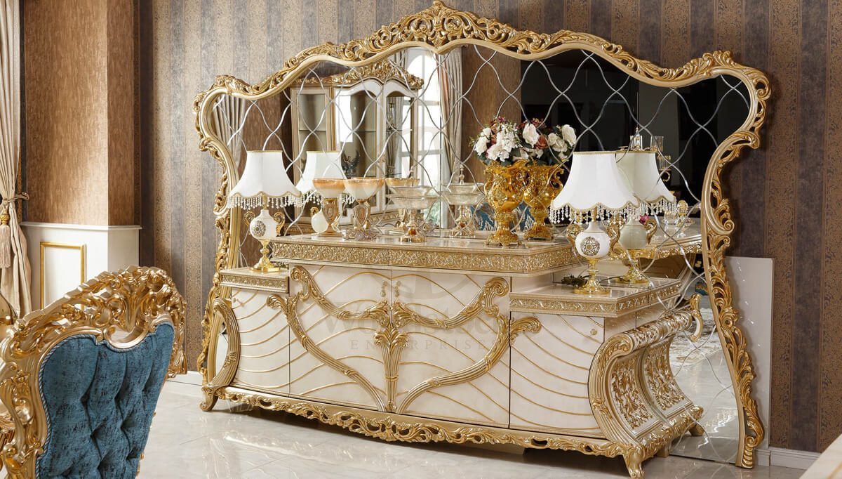 Royal Mecidiye Gold Leaf Hand Carved Teak Dining Table Set, Saharanpur, view 6
