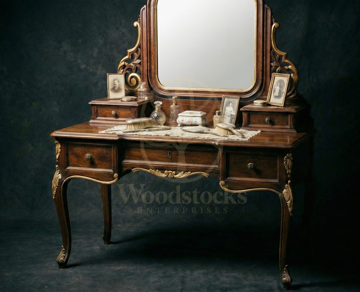 Royal Hand Carved Teak Fontainebleau Rocaille Vanity Bureau, Saharanpur, view 2