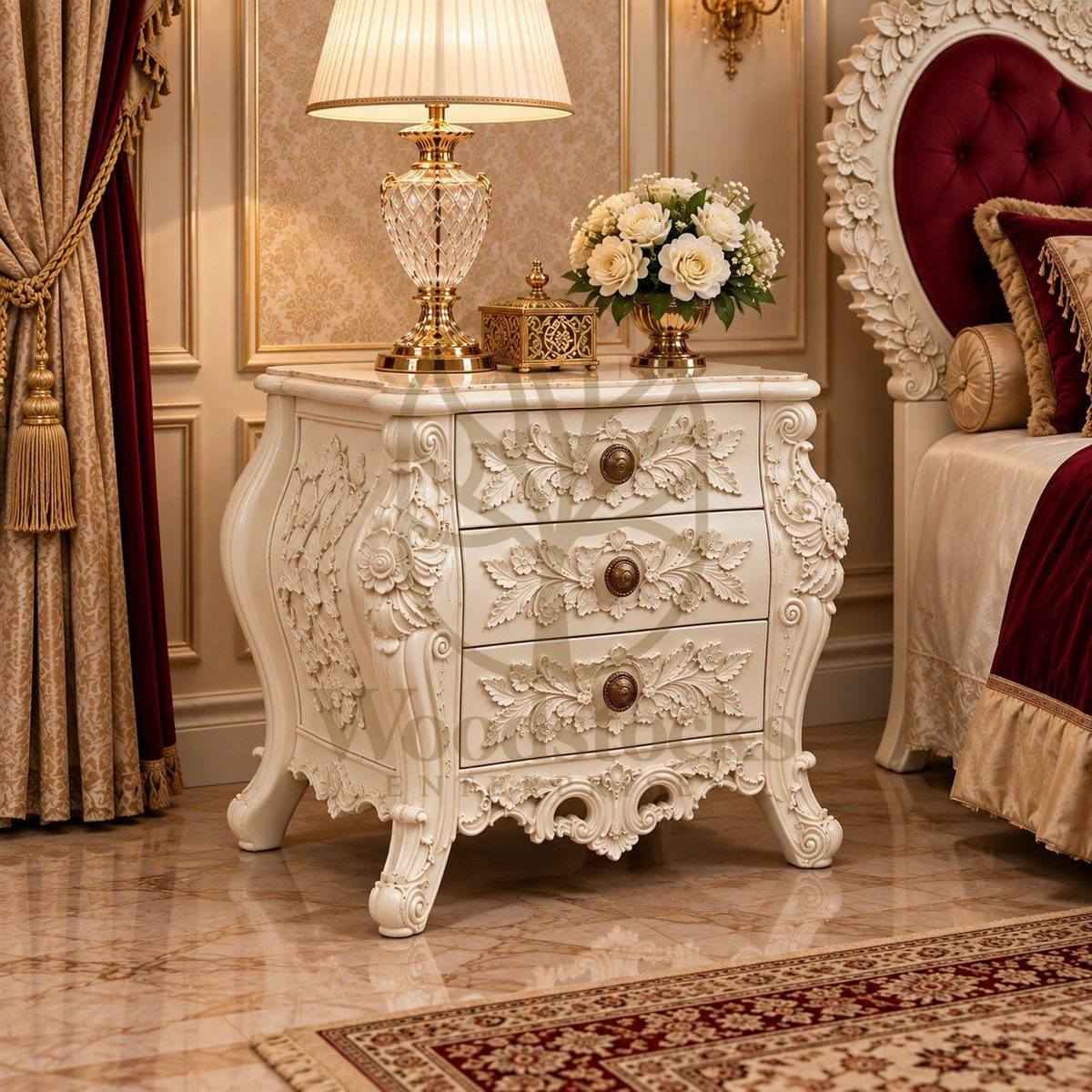 Teak Luxury Maharaja Carved Antiqued Ivory Nightstand, Side Table / Nightstand