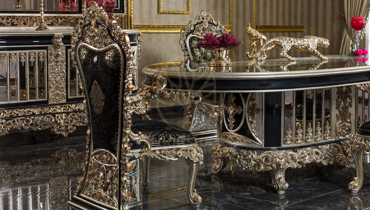 Royal Altay Black Hand Carved Teak Dining Table Set, Saharanpur, view 2