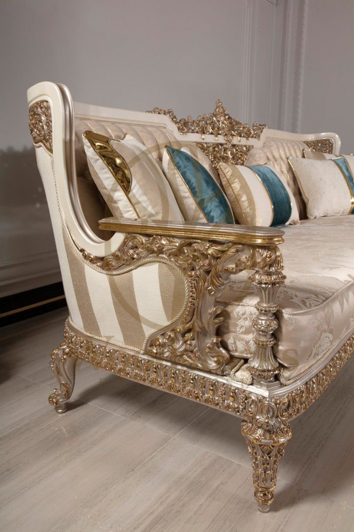 Teak Ornate Cream and Gold Throne Sofa Set, view 9