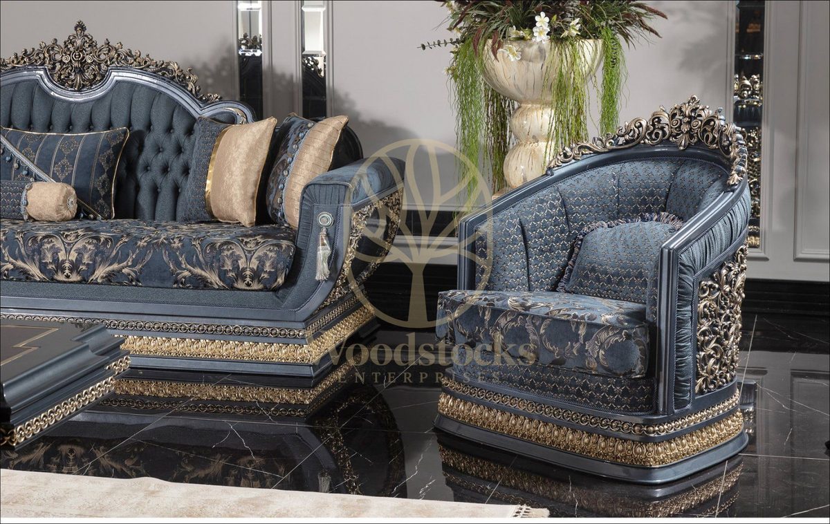 Teak Palace Blue and Silver Carved Sofa Set, view 8