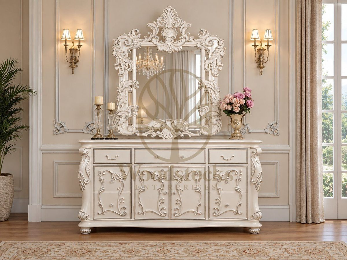 Luxury Ivory Ornate Carved Dresser with Mirror, Dressing Table