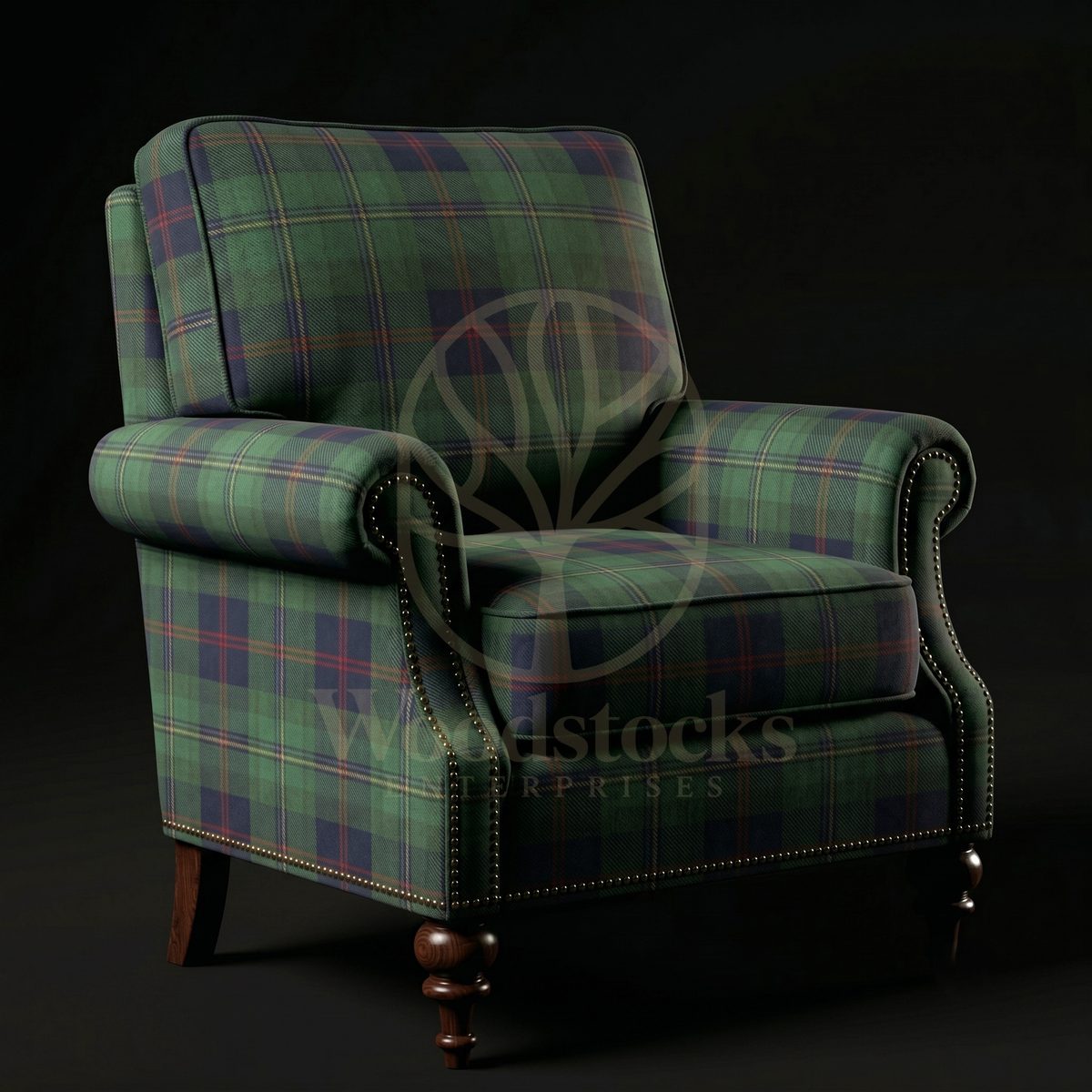 Luxury Teak Balmoral Library Chair in Victorian Tartan, Saharanpur, Living Room Chair
