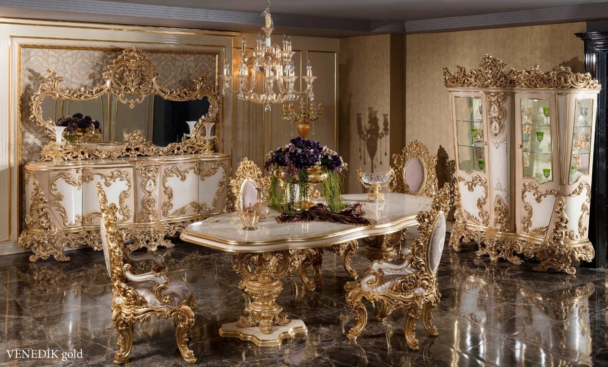Teak Venetian Gold Carved Dining Set, Dining Table