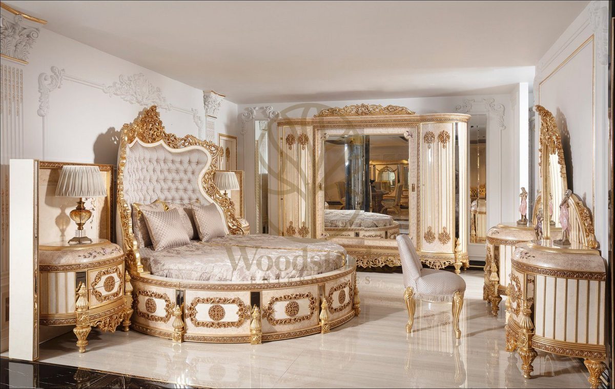 Teak Palace Ivory and Gold Carved King Size Bed, Round Bed