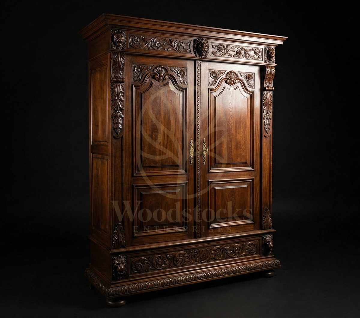 Royal Hand Carved Teak Lion-Guarded Armoire of the Loire Châteaux, Saharanpur, alternate view